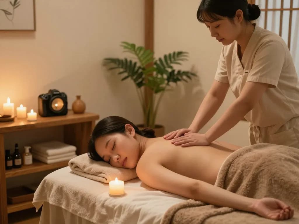 Experience a soothing 강남마사지 in a tranquil spa setting with calming candles and essential oils, promoting relaxation.