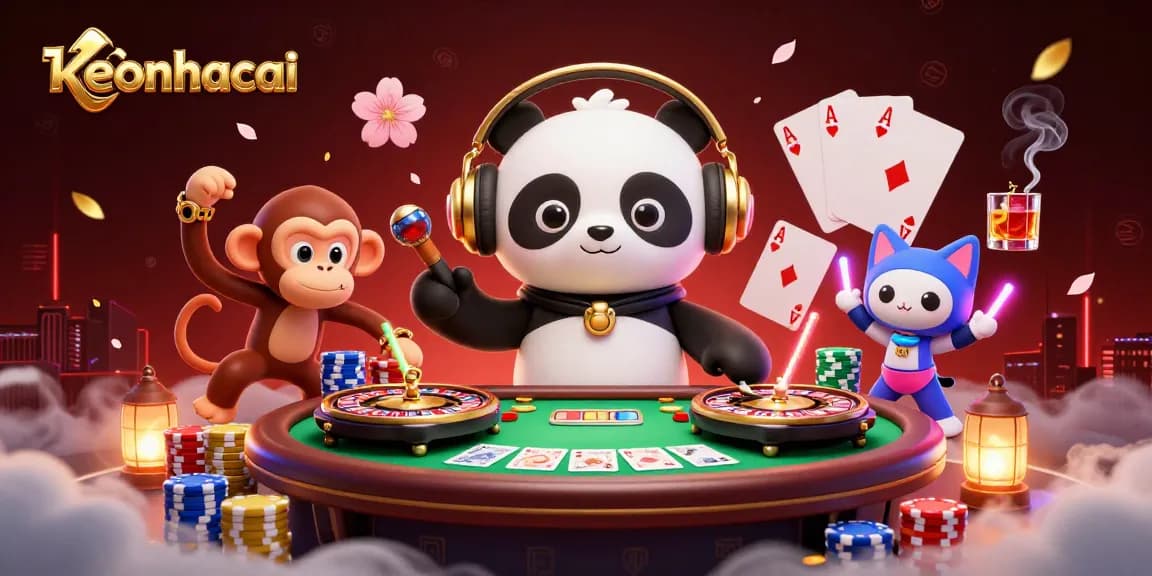 Experience keonhacai with a DJ panda, breakdancing monkey, and rave kitten in a vibrant casino scene.