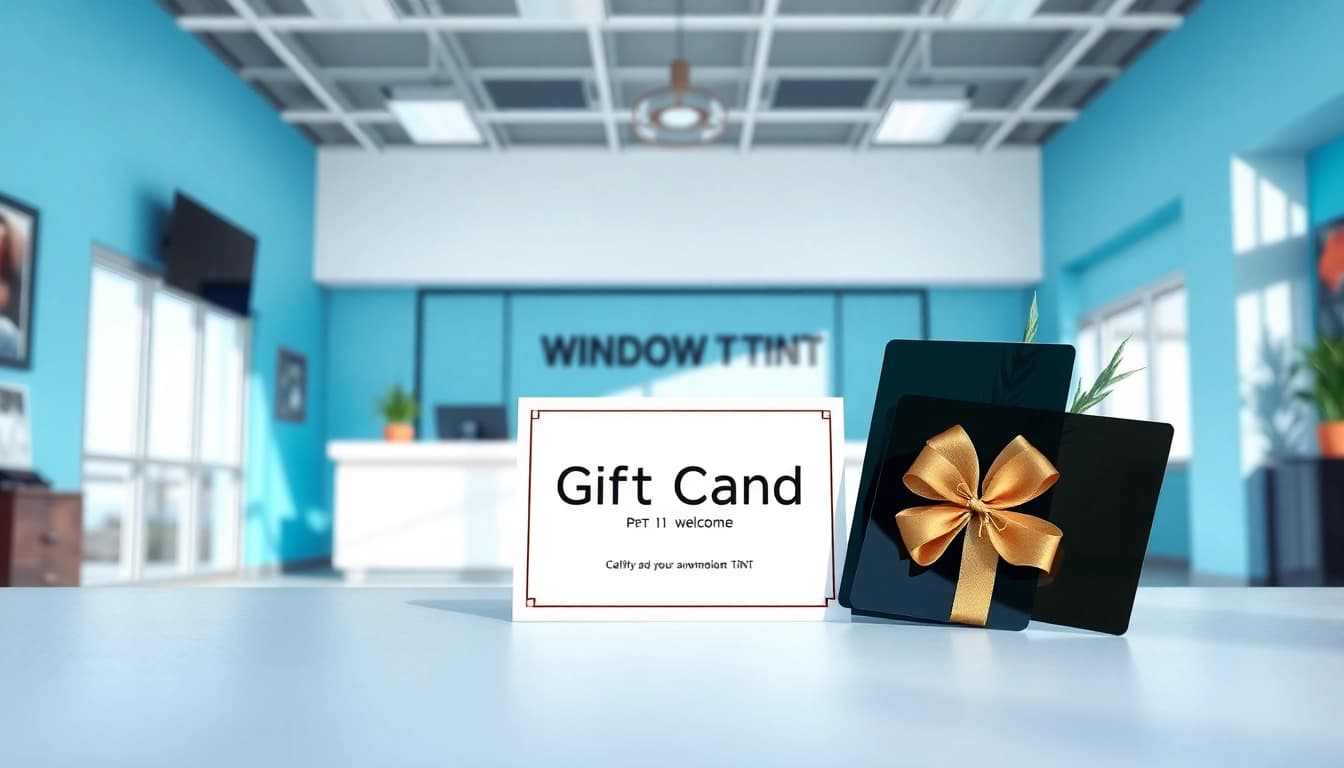 Promote a window tint gift card against a stylish backdrop, emphasizing service quality and presentation.