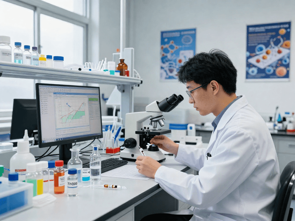 Researcher analyzing TB-500 research peptides in a bright lab environment with vials and data displays.