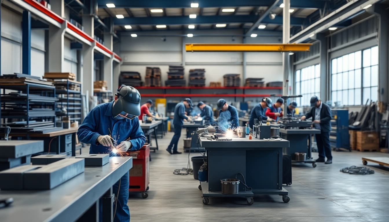 Workers fabricating metal components in a busy steel fabrication shop.