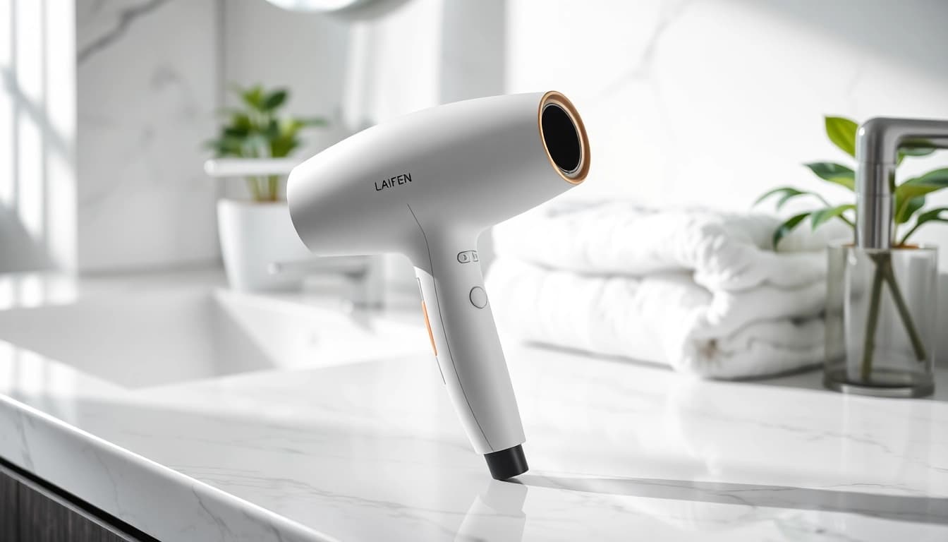 Effortlessly style with the laifen swift premium hair dryer, highlighted on a luxurious bathroom counter.