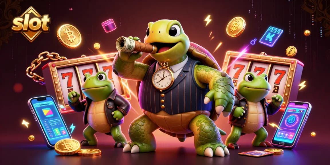 Spin exciting slot reels with a snapping turtle mobster and bullfrog enforcers in a vibrant casino scene.