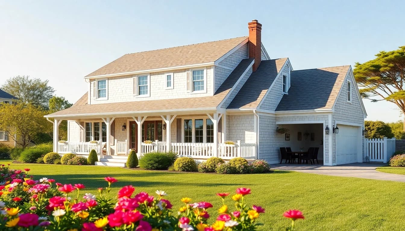 Captivating view of a cape cod home with a spacious attached garage in a sunny setting.