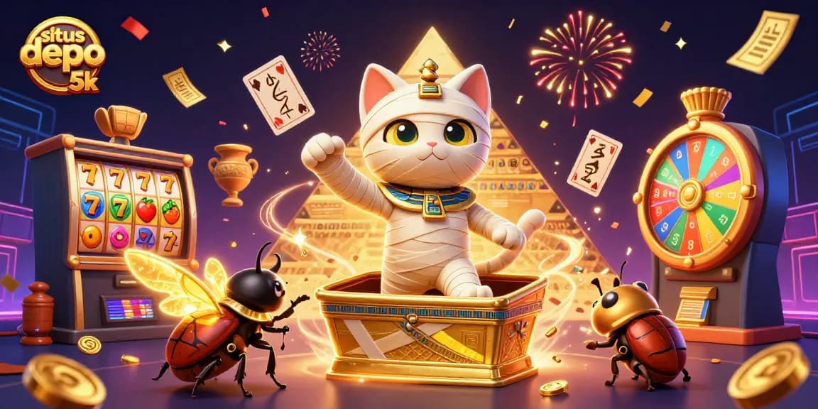 Engage with the thrills of situs depo 5k, featuring a lively 3D illustration of a mummy cat and dynamic casino elements.