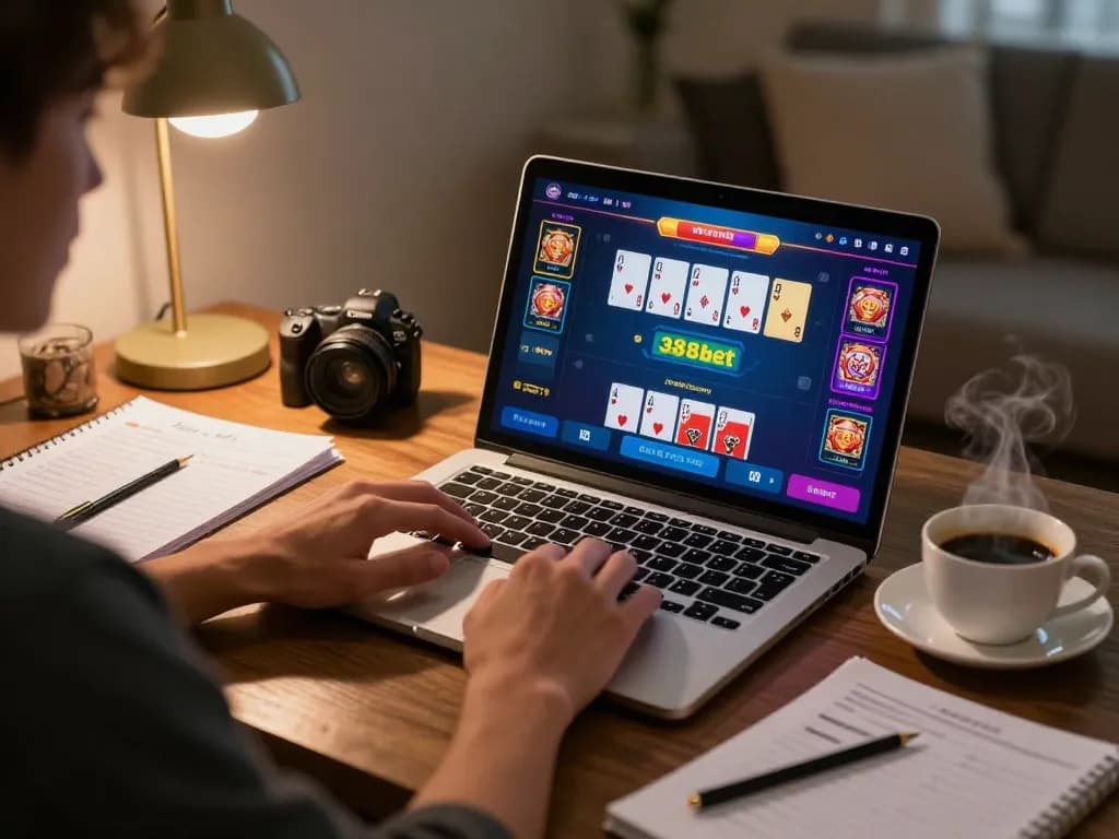 Engaging in live dealer blackjack on laptop while enjoying nhà cái 388bet in a cozy home office.
