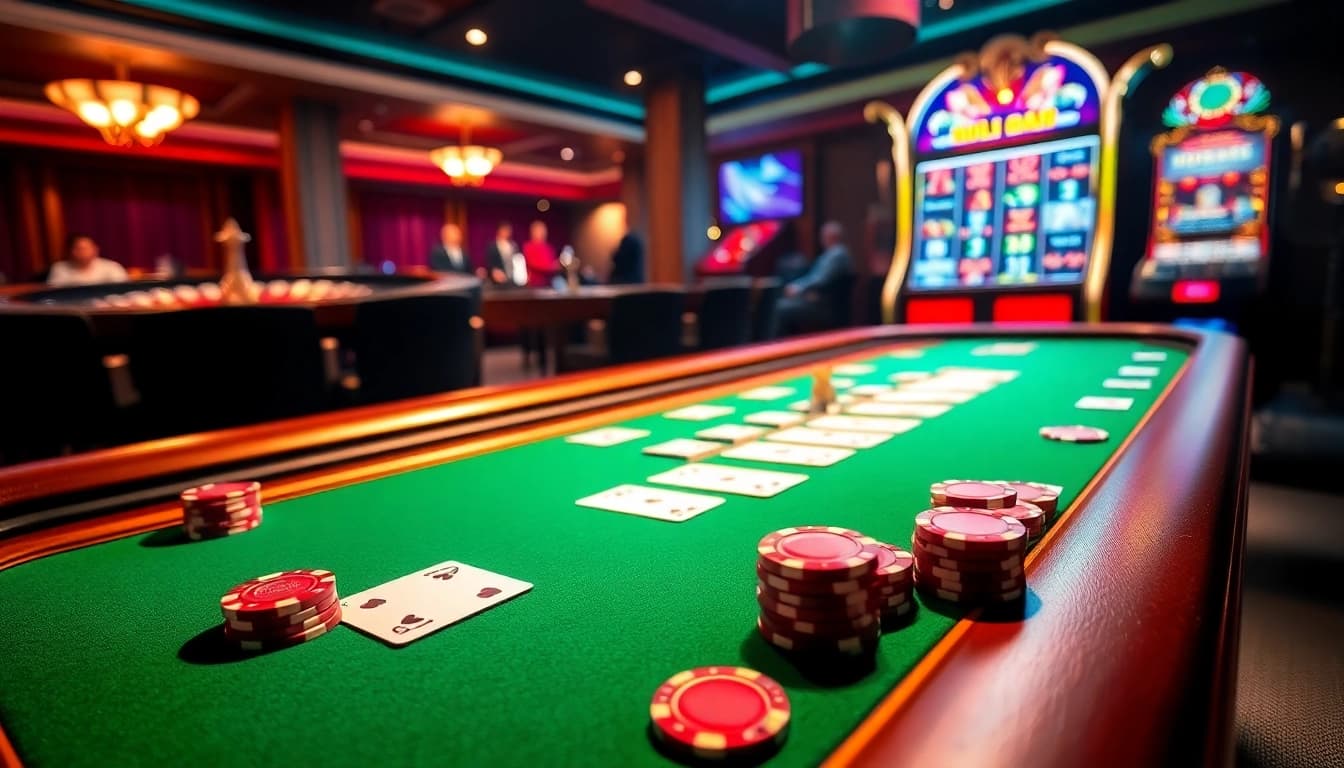 Experience thrilling bets at 12bet's luxurious casino with poker tables, chips, and a vibrant atmosphere.