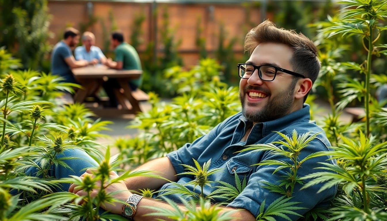 Erlebe die Blütenbande in einer harmonischen Gartenatmosphäre mit gesunden Cannabis Pflanzen.