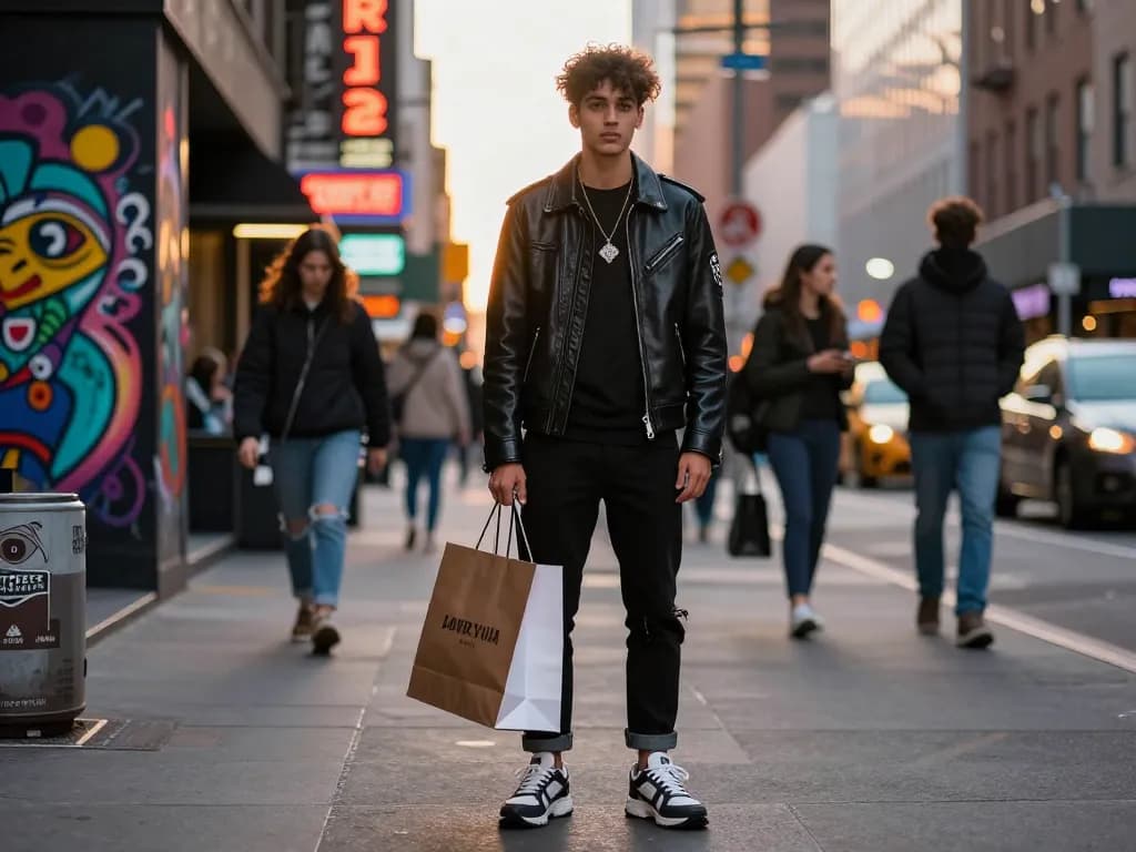Stylish model in 레플리카 fashion shopping in vibrant urban street.