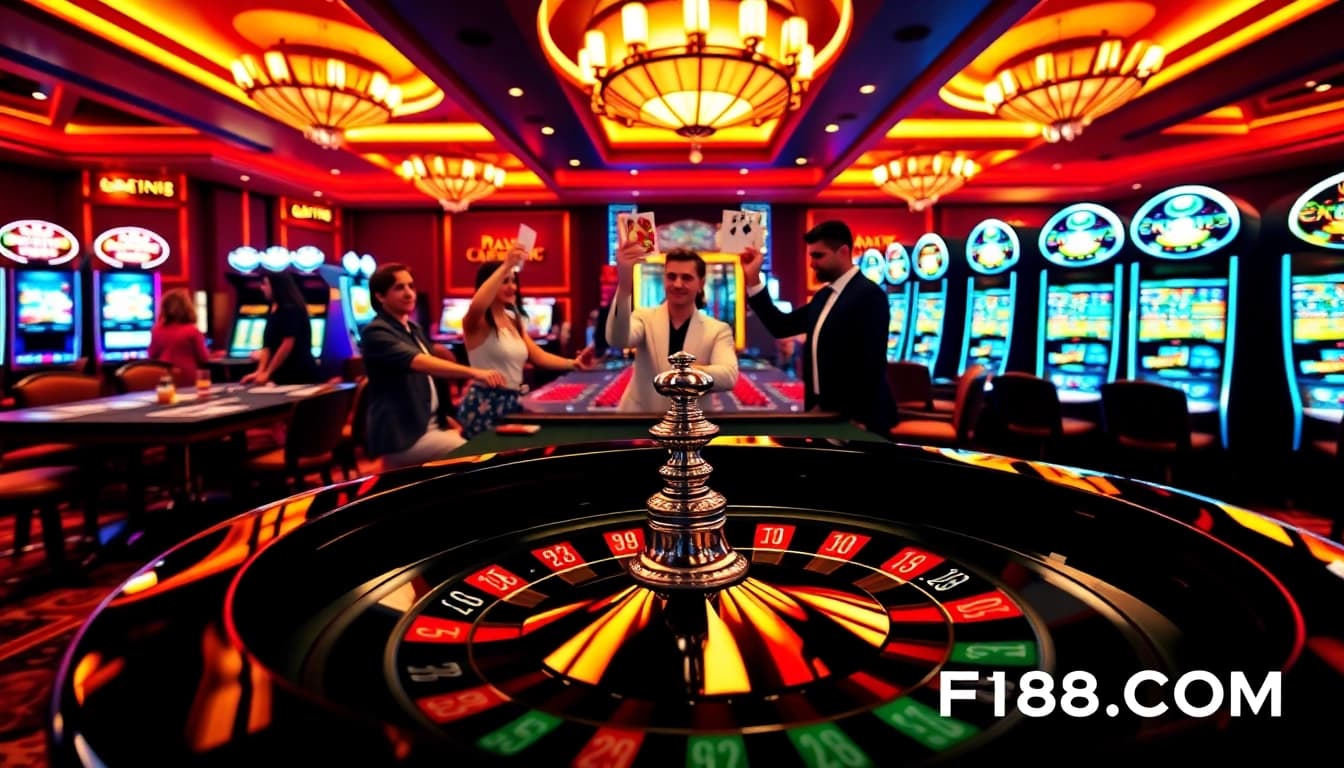 Players enjoying a thrilling casino experience at F168.COM with vibrant roulette tables and slot machines.