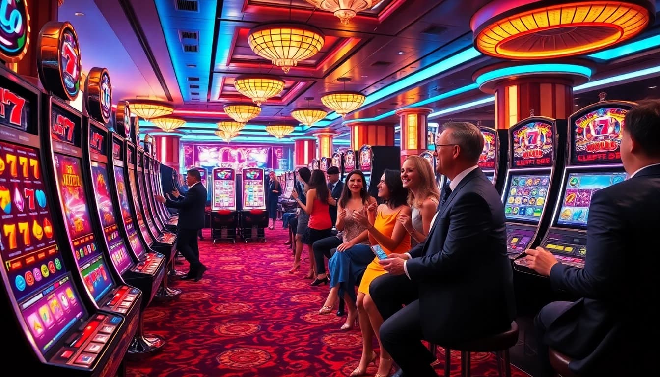 Toto slot players celebrating winnings at a luxurious casino with high-end slot machines.