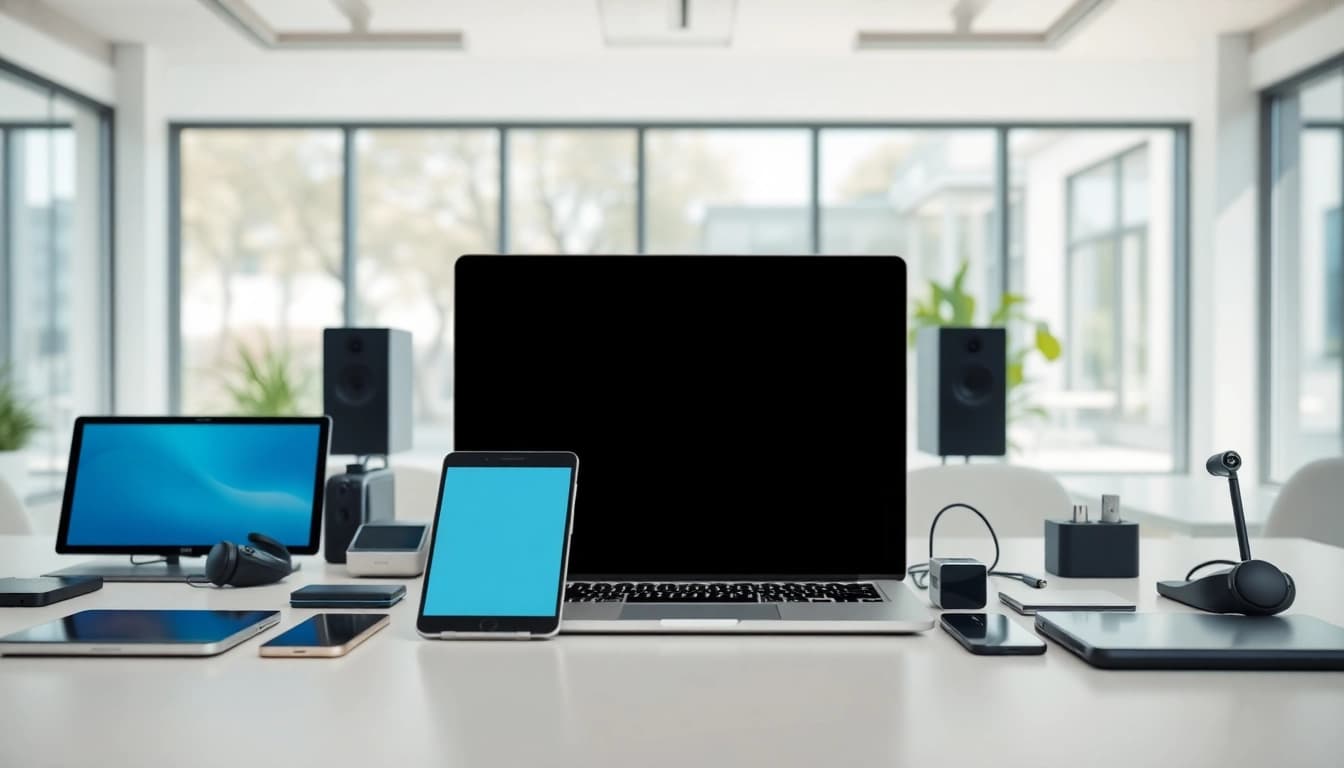 Porównanie cen elektroniki w nowoczesnym biurze z laptopem, smartfonem i tabletem.