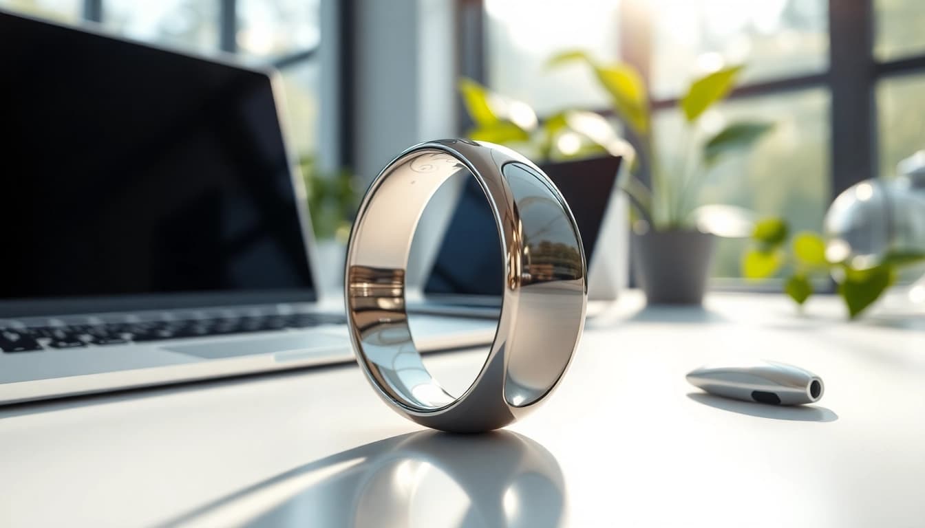 Showcasing the Smart Health Ring reflecting wellness in a modern workspace.