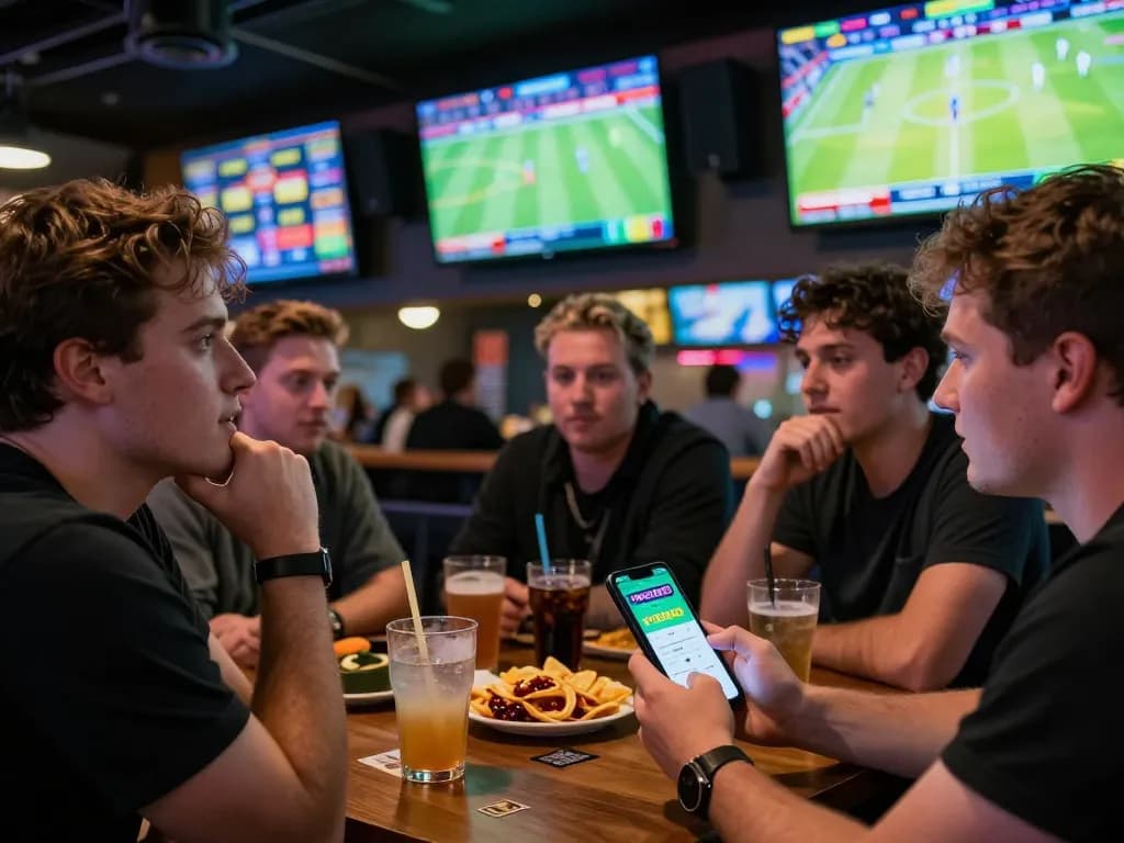 Engaging sports betting moment with friends using winstrike69 app in a lively sports bar setting.
