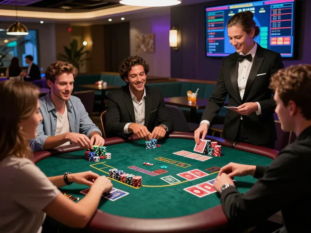 Group of friends playing baccarat at a lively online casino, showcasing excitement and strategy in a vibrant setting.