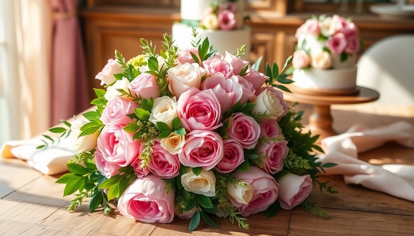 Beautiful wedding flowers arranged in a romantic setting with vibrant colors and textures.