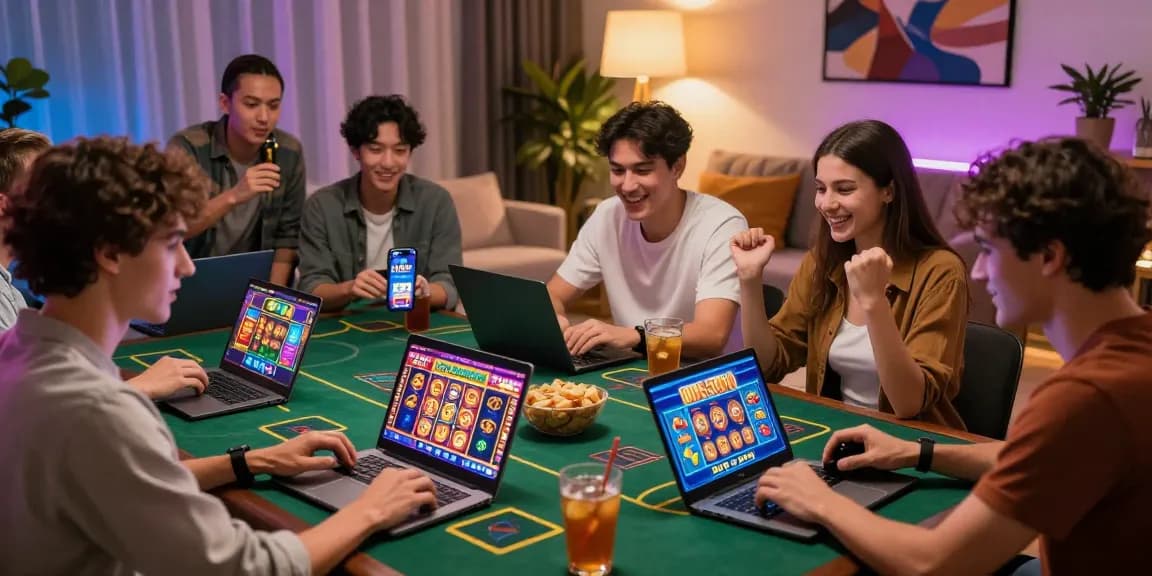 Group playing slot depo 5000 games together in a lively home setting with colorful screens and snacks.