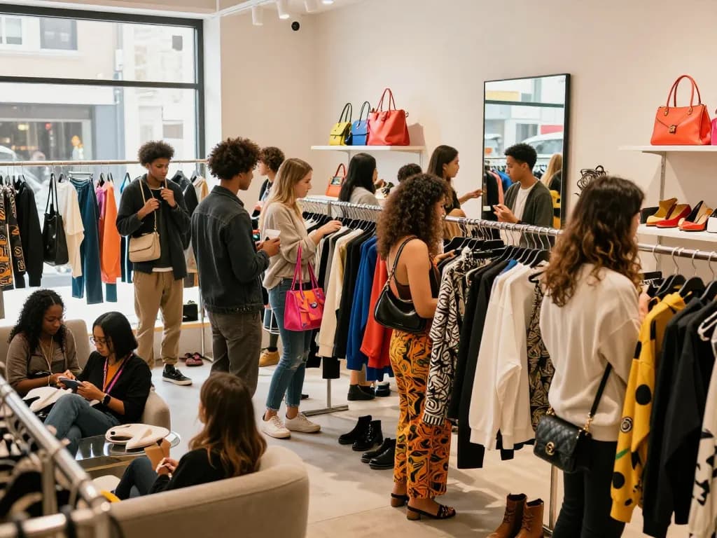 Shopping at a 레플리카 사이트 boutique featuring trendy fashion replicas in a vibrant environment.
