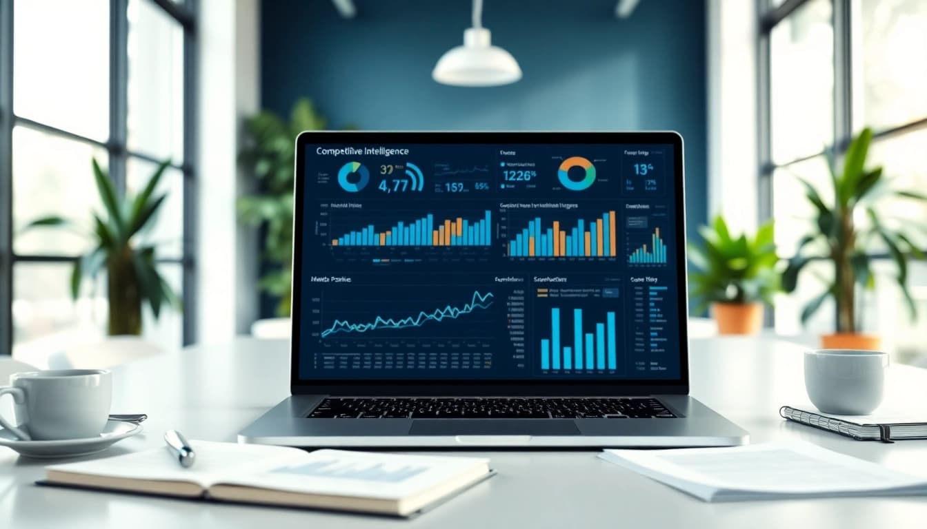 Engaging visual of competitive intelligence metrics on a sleek laptop in a bright office.