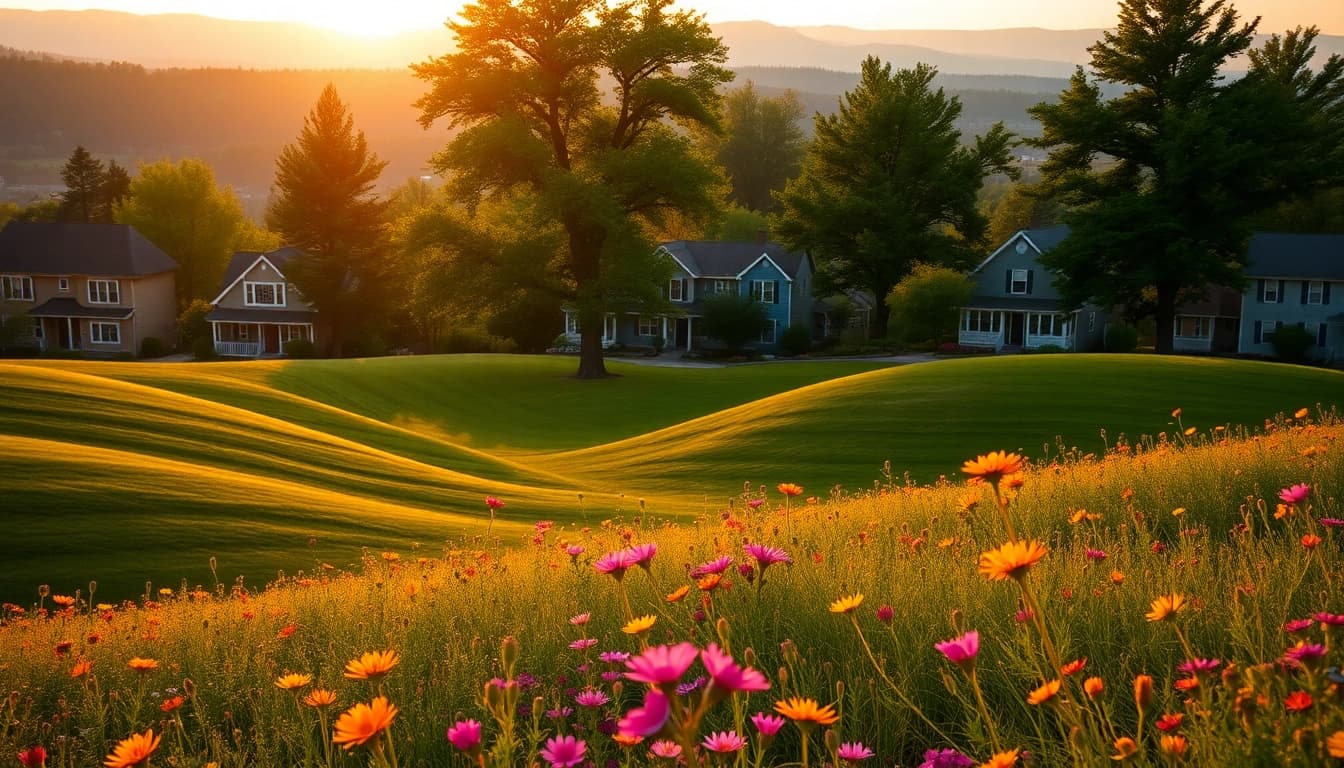 Clarksburg landscape with sunrise over blooming wildflowers and charming homes.
