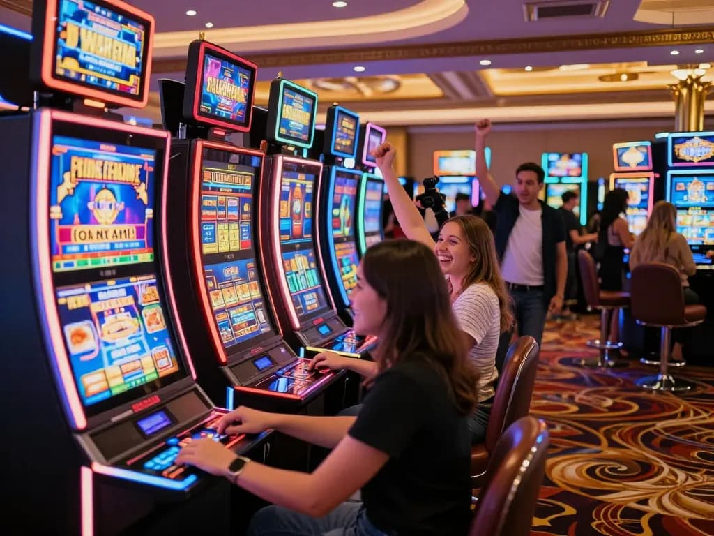 Players celebrating big wins at colorful slot machines in a vibrant casino environment.