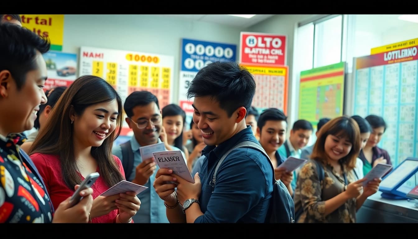 Penggemar angka togel memeriksa tiket mereka di kantor lotere yang ramai dan penuh semangat.