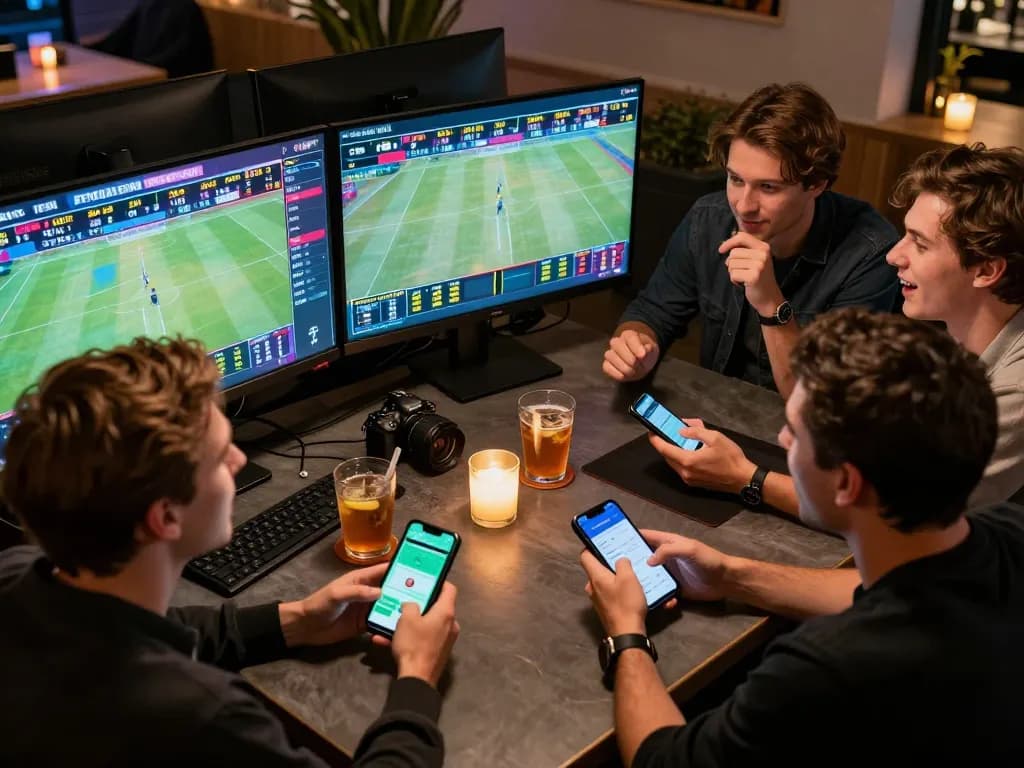 Engaging friends placing bets on server Thailand via smartphones in a lively atmosphere