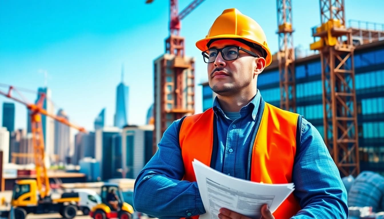 New York Construction Manager coordinating a project at a bustling construction site.
