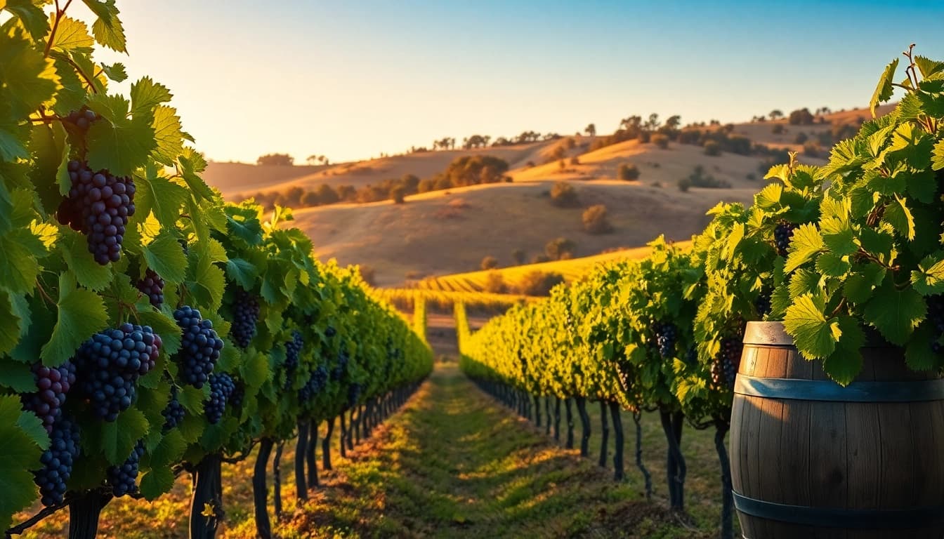 Vibrant vineyard showcasing the beauty of northern california wine country with ripe grapes and rolling hills.