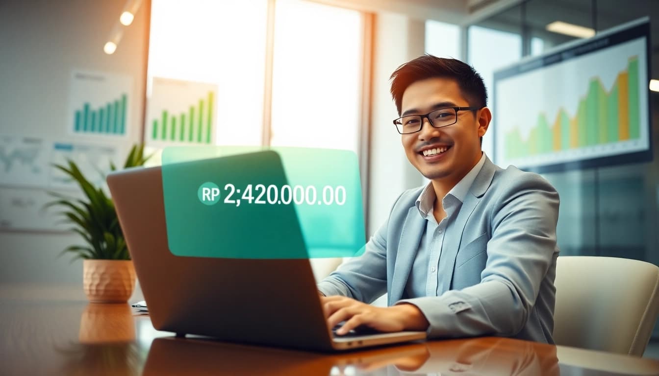 BOX138 showcases financial success with a happy businessperson celebrating a withdrawal of Rp 2.424.000,00.