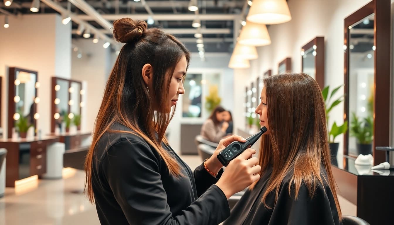 Salon coafură București cu hairstylist la lucru, atmosfera profesionistă și prietenoasă.