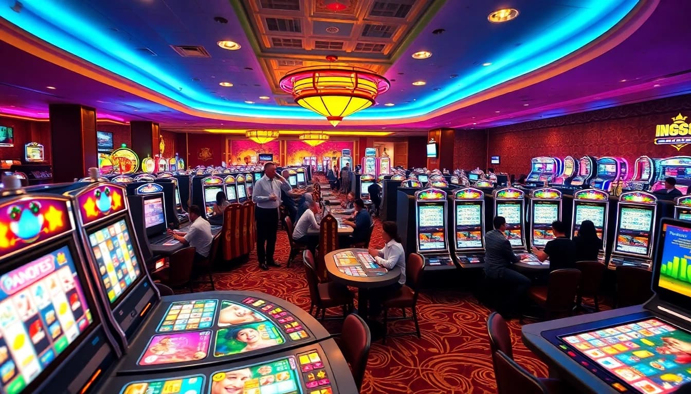 Toto slot gacor dalam suasana kasino yang ceria dengan pemain bersemangat.