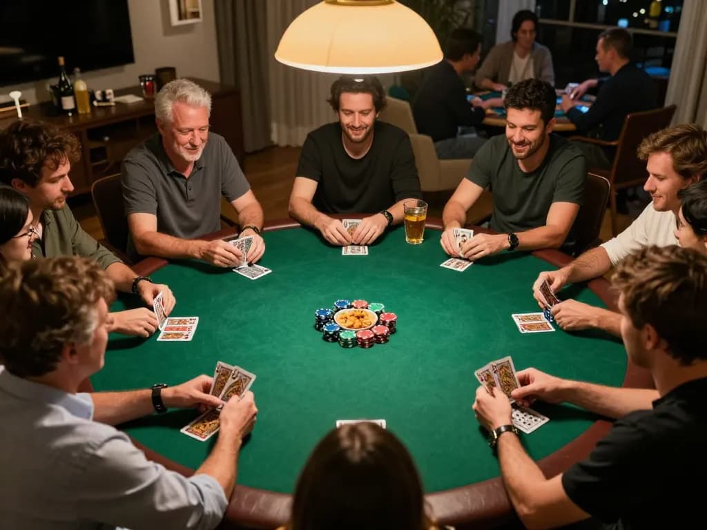 Players enjoying a lively home poker night at u888poker, showcasing cards, chips, and snacks.
