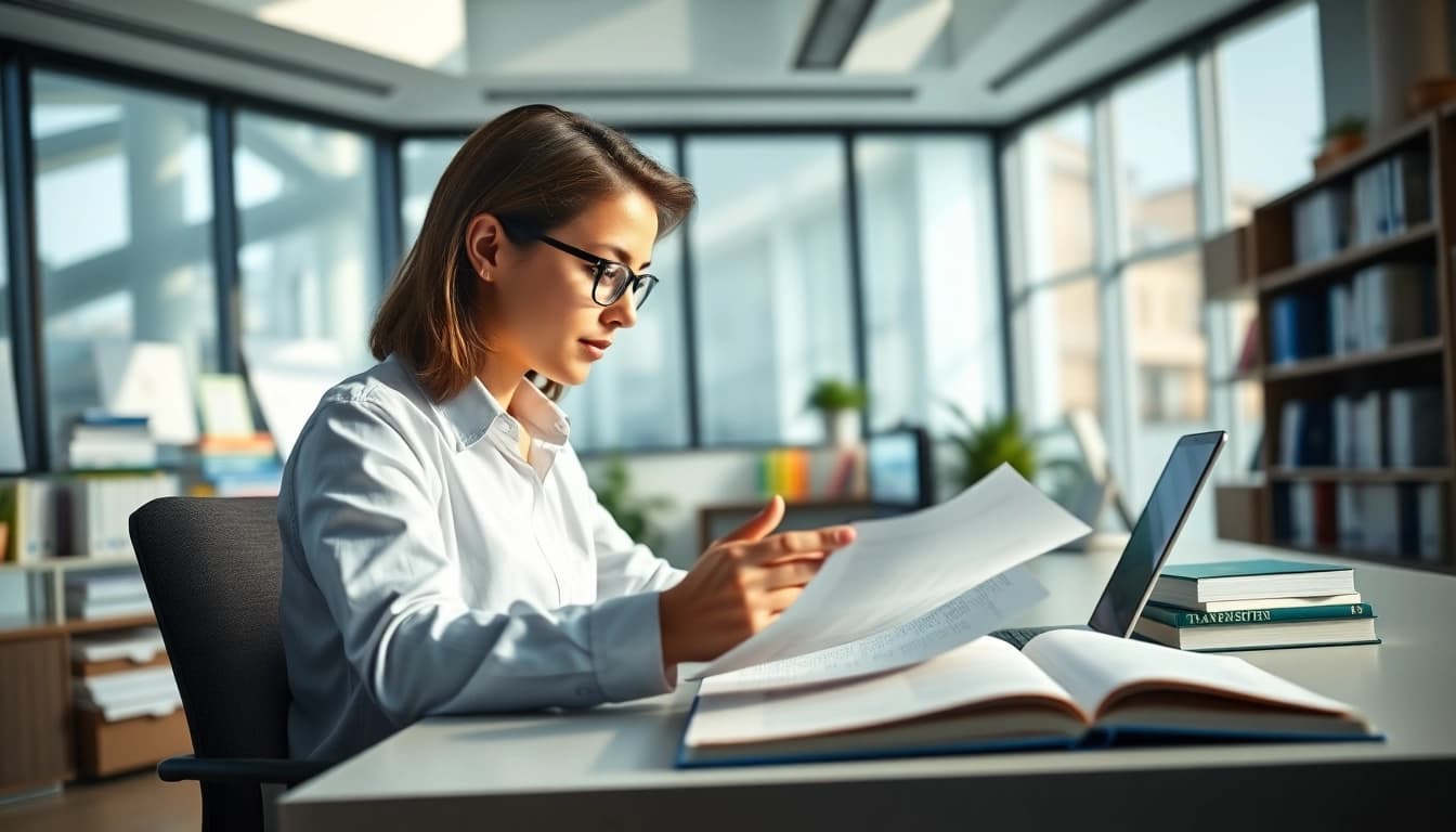 Analyze multilingual documents at https://www.elitetranslingo.com in a modern office.