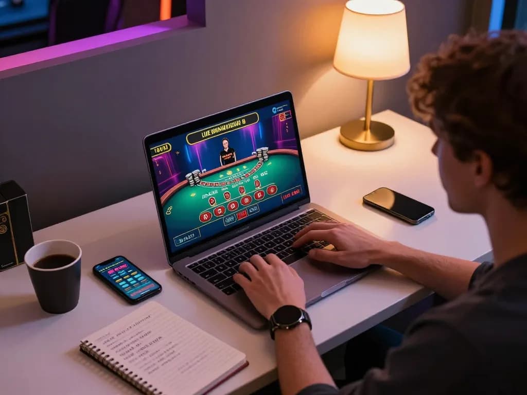 Enjoying online blackjack at G28 COM with a laptop setup and gaming strategy notes.