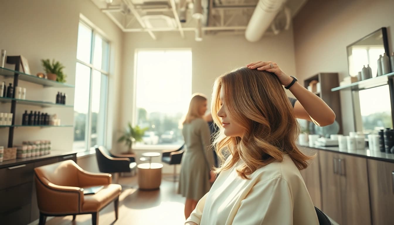 Vibrant interior of addendum salon showcasing luxury hair services and Aveda products.