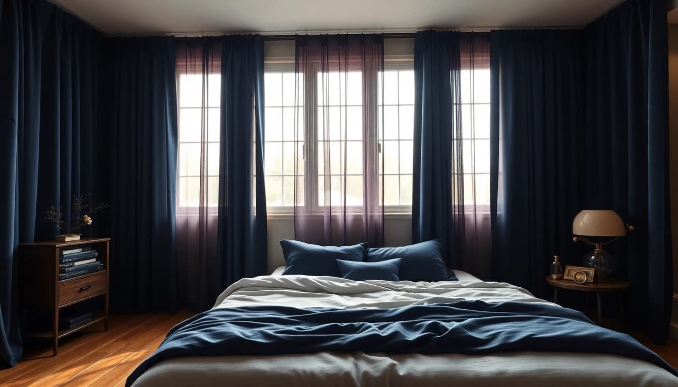 Verduisterende gordijnen creëren een rustige sfeer in een gezellige slaapkamer met elegante decor.