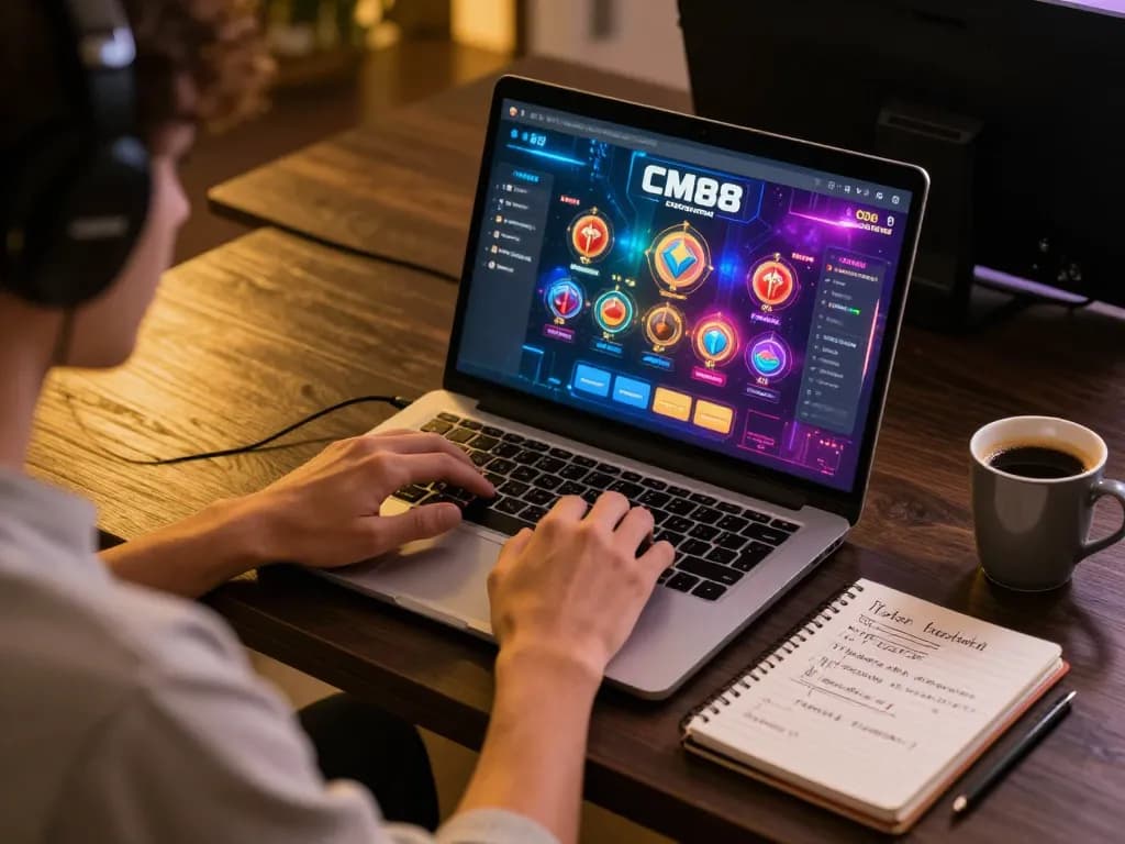 Engaged online player on CM88 COM using laptop for strategizing bets in a cozy setting