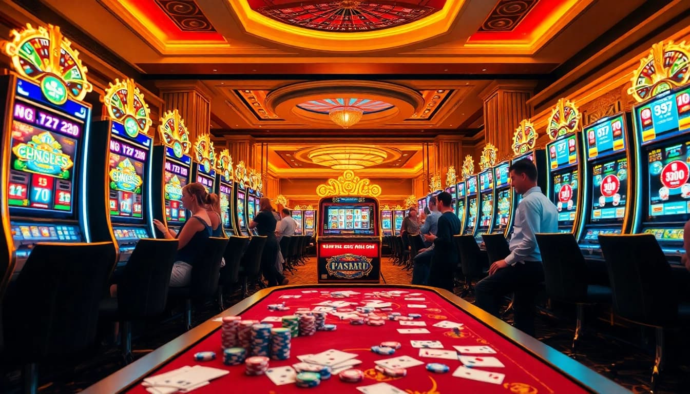 Experience the excitement of Situs Slot Terpercaya with players enjoying high-stakes slot machines in a vibrant casino atmosphere.