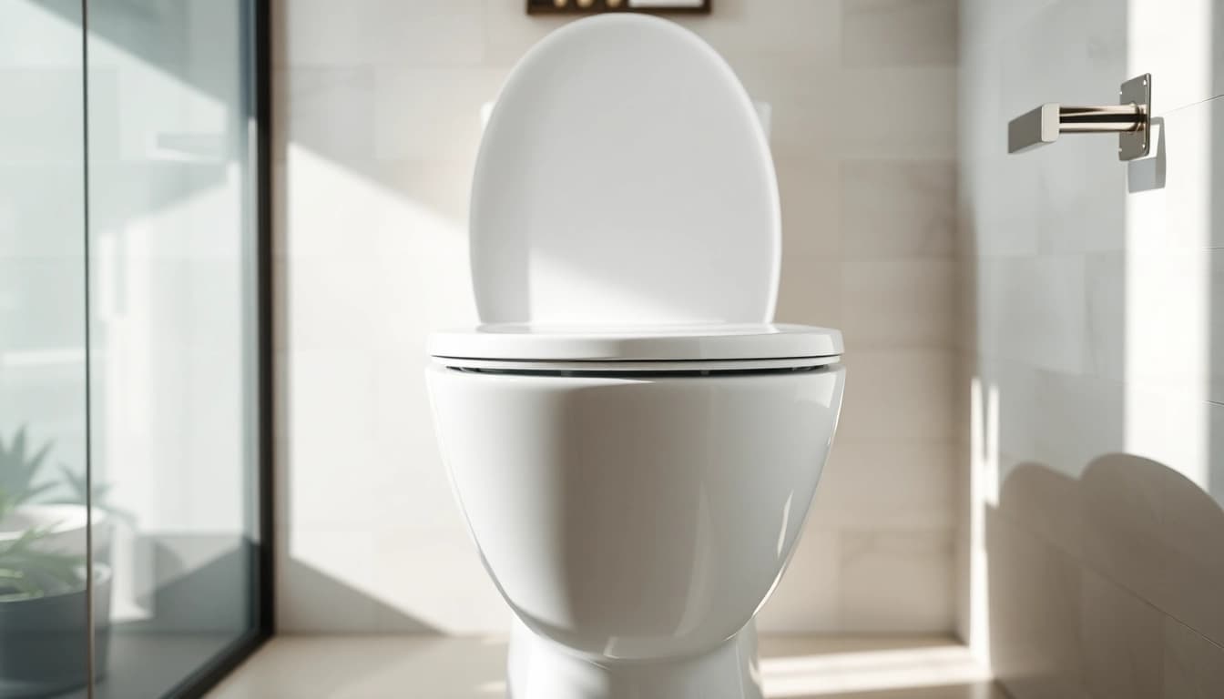 Il copri wc moderno in un elegante bagno minimalista, con tonalità morbide e dettagli in ceramica.
