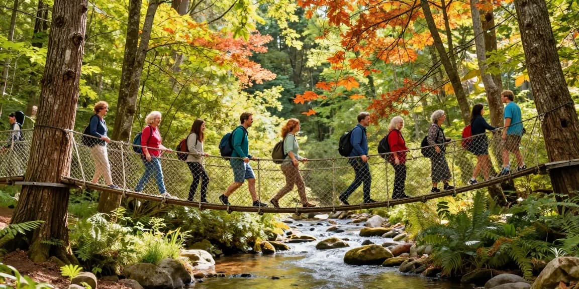 Rope Bridge design connecting trees with people crossing in a vibrant forest.