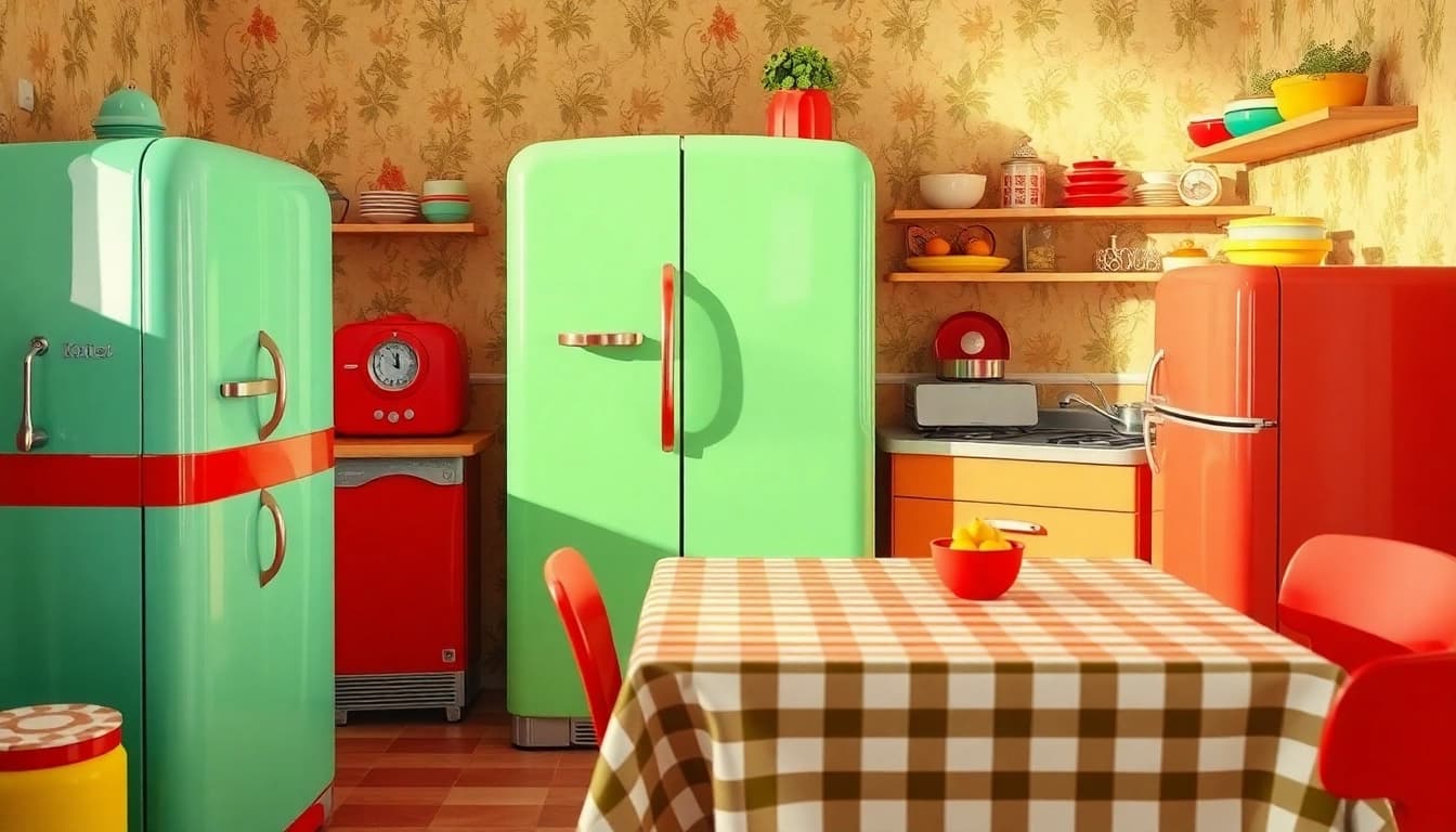 Showcasing retro appliances in a vibrant kitchen setting with classic colors and styles.