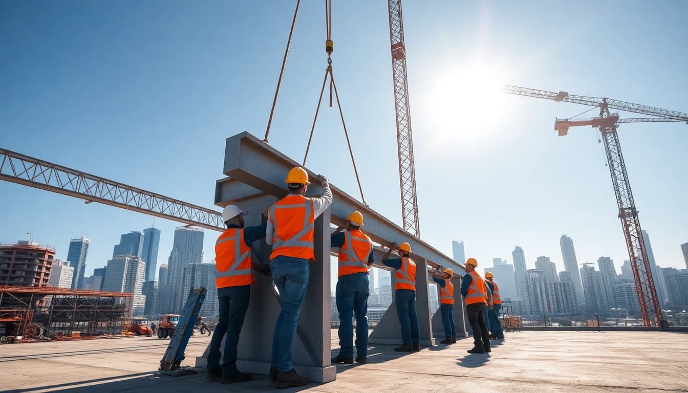 Team executing structural steel installation on a busy construction site, showcasing professionalism and teamwork.
