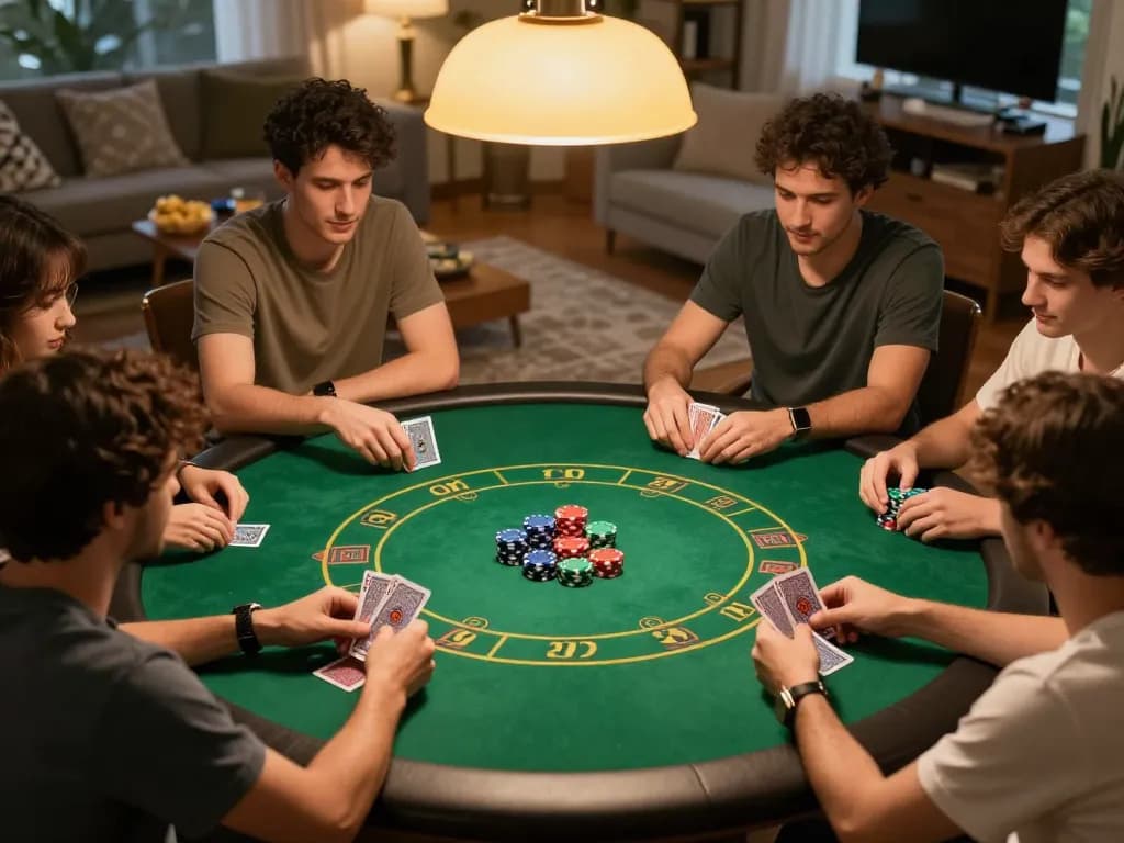 Friends enjoying a cozy home poker night, playing judi slot games with excitement and camaraderie.