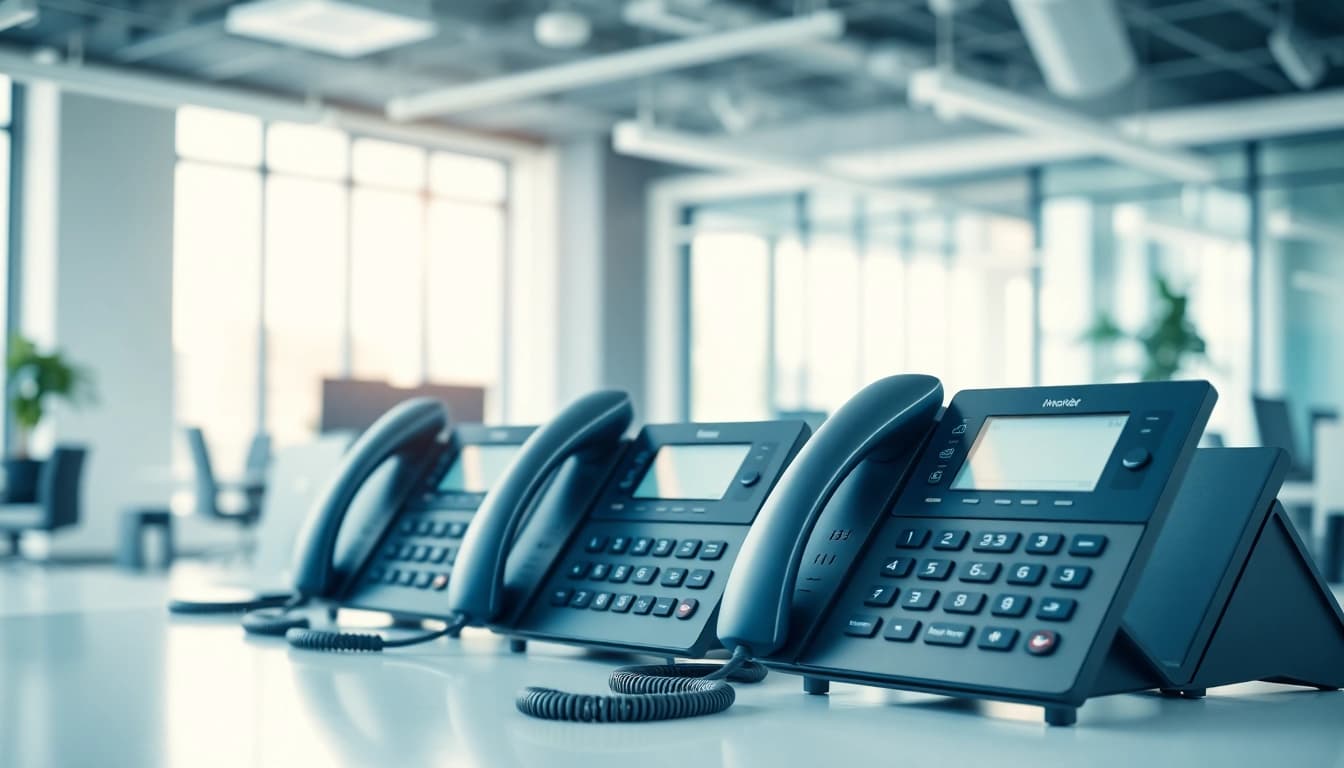 Showcasing business telephone systems in a modern office setup with VoIP phones and headsets.