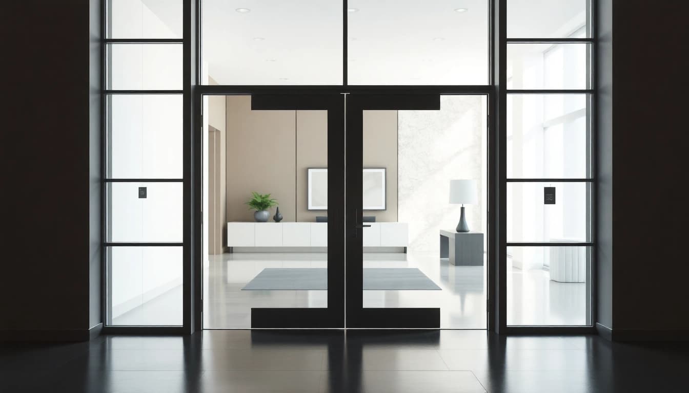Reveal a single leaf double swing door leading into a bright modern entryway.