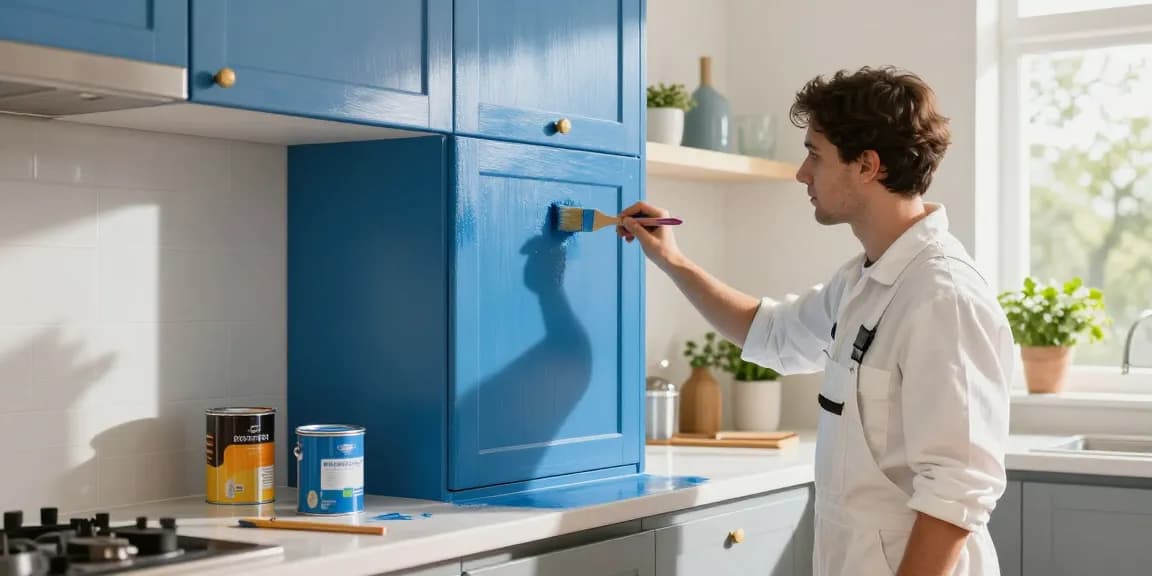 Cabinet painting Columbus Ohio in a bright kitchen with a painter applying blue paint to wooden cabinets.