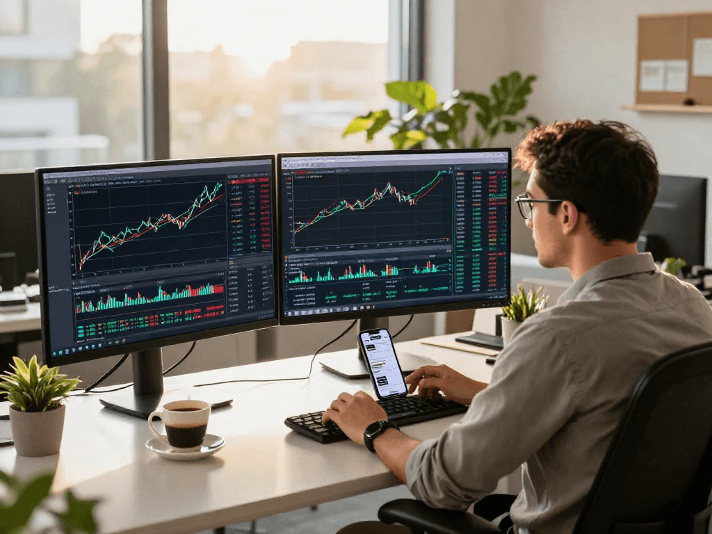 Engaged trader analyzing charts on MetaTrader 5 in a modern office workspace.