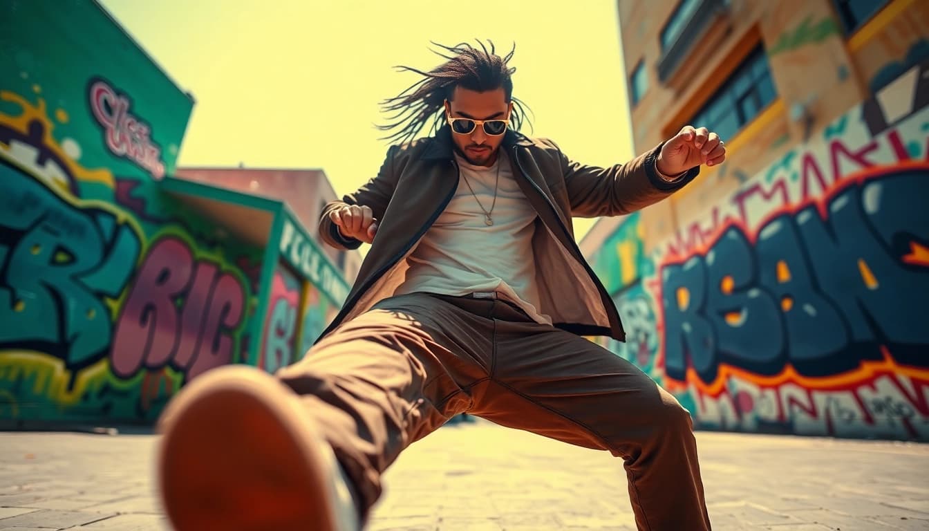 Witness a dancer showcasing impressive seedance moves against a colorful urban backdrop.