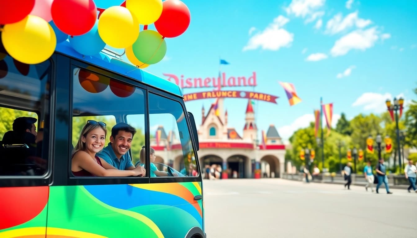 Experience Disneyland Paris airport transfer services with a vibrant shuttle buzzing with happy families.